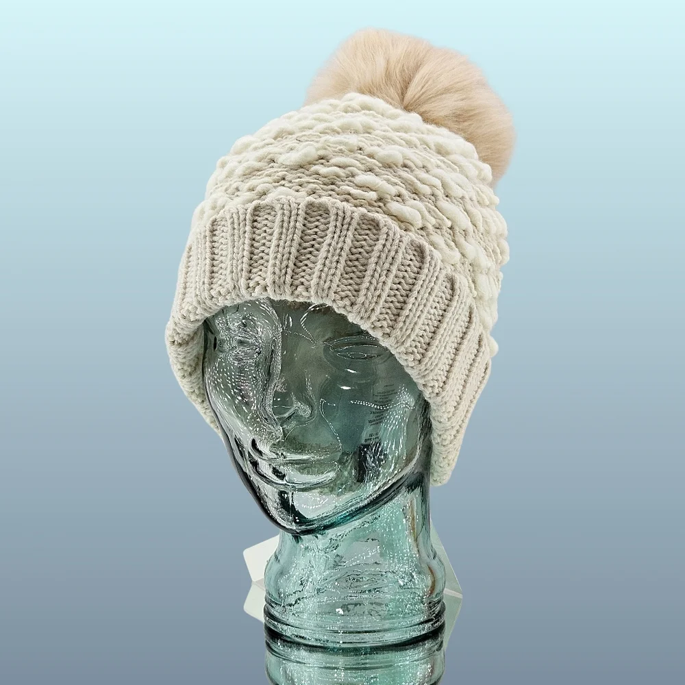 Kyi Kyi Hat Beanie Wool Blend Knit Faux Fur Pom Pom Cottagecore Outdoor Winter